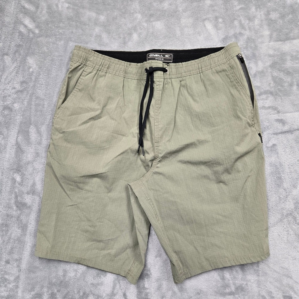 O'Neill Hybrid Shorts Mens Large 34W Green Ripstop Stretch Drawstring Boardshort